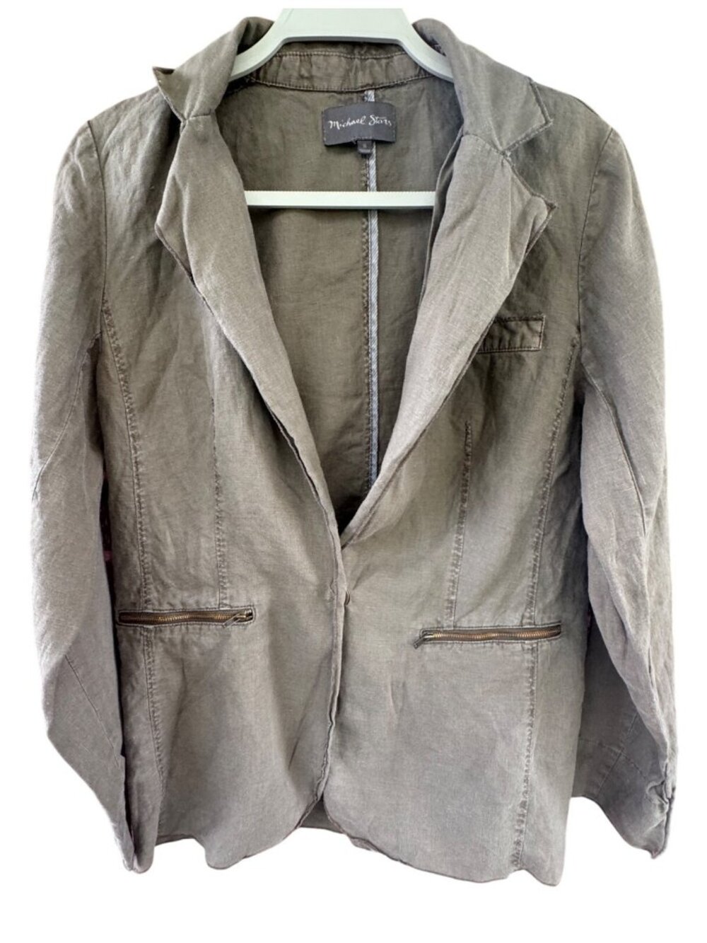 Michael Stars Lightweight Camo Green Linen Blazer Jacket Zip Pockets Women's M